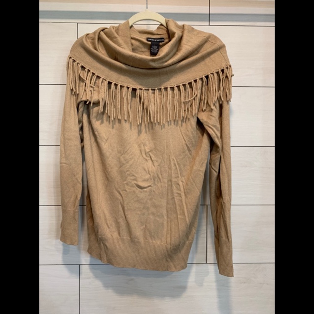 Tan sweater with fringe neckline